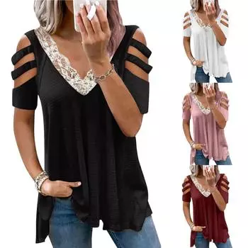 Модная женская сексуальная кружевная лоскутная футболка с v-образным вырезом и короткими рукавами, блузка, топы L чёрный