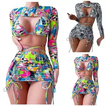 Модная женская сексуальная пляжная одежда с принтом, купальник-бикини, разделенный купальник L серый