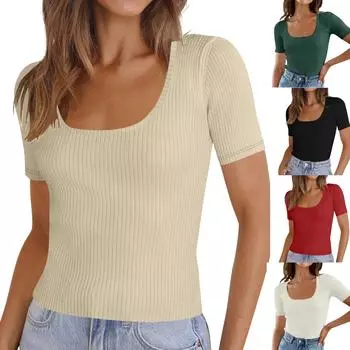 Модная женская сексуальная популярная летняя приталенная футболка с короткими рукавами и квадратным вырезом L бежевый