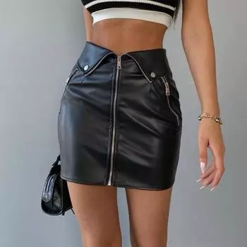 Модная женская сексуальная юбка из искусственной кожи, женская облегающая юбка с подъемом на бедрах, застегивающаяся на молнию, юбка до середины бедра, юбка с высокой талией, женские корейские юбки S чёрный
