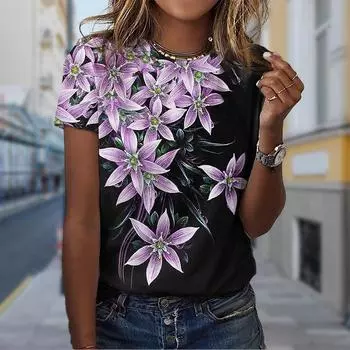 Модная женская шелковая футболка с цветочным принтом, забавная повседневная футболка с круглым вырезом и короткими рукавами, летняя женская футболка XS фиолетовый