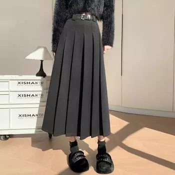Модная женская шерстяная плиссированная юбка, новая элегантная осенне-зимняя повседневная простая длинная юбка с высокой талией, однотонная одежда в корейском стиле 2703 S темно-серого