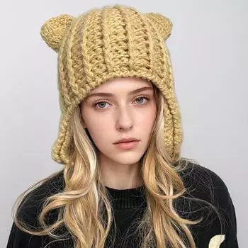 Модная женская шерстяная шапка осень-зима волчьи уши плюшевая вязаная шапка сохраняет тепло утолщение