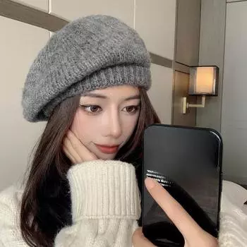 Модная женская шляпа, однотонный теплый берет, винтажная вязаная шапка-берет, осень-зима, женская кепка-колпак для художника M56-58cm