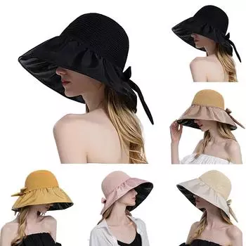 Модная женская шляпа с бантом на открытом воздухе, закрывающая лицо, пляжная шляпа-ведро, складная шляпа от солнца, шляпа от солнца One Size бежевый