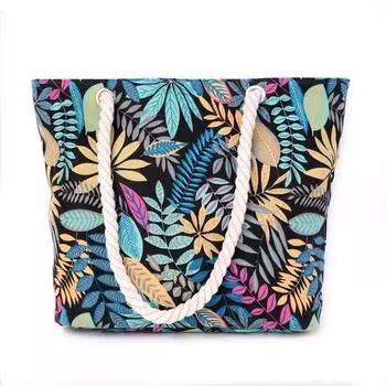 Модная женская сумка большой емкости, парусиновая пляжная сумка с принтом листьев, хлопковая веревочная сумка