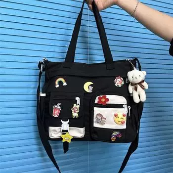 Модная женская сумка через плечо для подростков, сумка через плечо, значок, кулон, кампус, девушка, отпуск, путешествия, большая сумка, студенческая школьная сумка, ранец чёрный