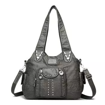 Модная женская сумка через плечо из стираной кожи контрастного цвета, портативная, вместительная, из мягкой кожи, многослойная серый