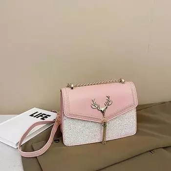 Модная женская сумка через плечо с кисточками в виде головы оленя и пайетками 21*7*16 cm розовый