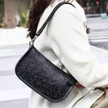 Модная женская сумка через плечо с прессованным узором, универсальная сумка через плечо из коровьей кожи в стиле ретро с широкими плечами One Size чёрный