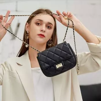 Модная женская сумка из натуральной кожи, женская сумка через плечо из коровьей кожи, маленькая сумка через плечо с золотым шариком и бриллиантовой цепочкой чёрный