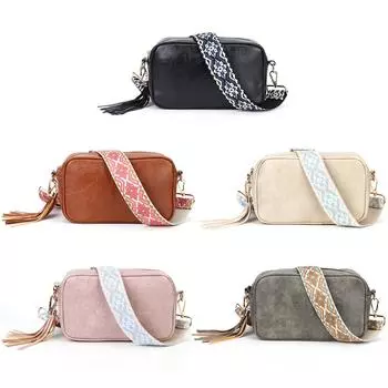 Модная женская сумка-мессенджер из искусственной кожи с кисточками, широкий жаккардовый ремень, сумки на плечо, кожаная сумка на молнии для путешествий, женский кошелек бежевый