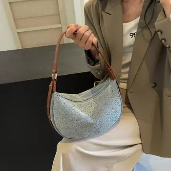 Модная женская сумка-мессенджер с заклепками и украшениями, роскошные брендовые джинсовые сумки в форме полумесяца, новая винтажная сумка для покупок большой вместимости для женщин