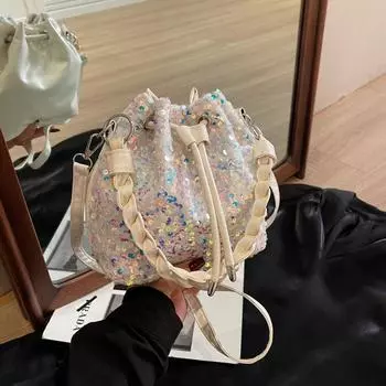 Модная женская сумка на шнурке с пайетками, универсальная сумка через плечо, сумка-ведро бежевый