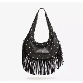 Модная женская сумка подмышку с индивидуальностью, ретро, с кожаной текстурой, с кисточкой и заклепками, универсальная, простая, трендовая наплечная сумка 33x2x18cm чёрный