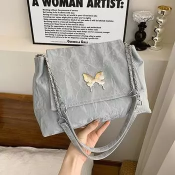 Модная женская сумка с бабочкой из жидкого материала 2024 года, весна-лето, новая вместительная универсальная сумка на одно плечо с цепочкой для подмышек хаки