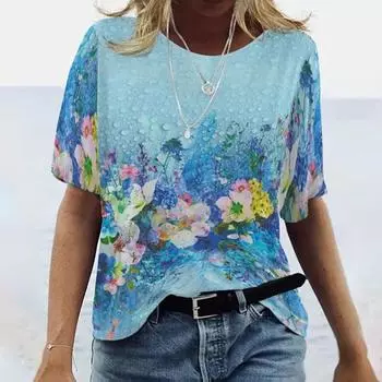 Модная женская светло-голубая футболка с пионом, забавная повседневная футболка с круглым вырезом и короткими рукавами, летняя женская футболка XS красный