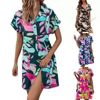 Модная женская свободная блузка с цветным принтом и пуговицами, блузка с короткими рукавами, платье L бежевый