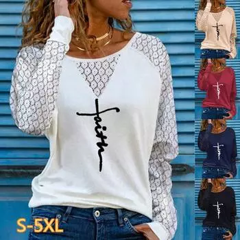 Модная женская свободная футболка с длинным рукавом и буквенным принтом с кружевными рукавами большого размера 5XL белый
