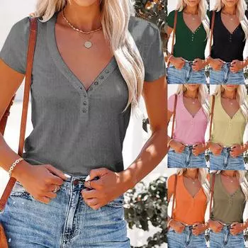Модная женская свободная летняя футболка на пуговицах с v-образным вырезом и однотонным топом на пуговицах с короткими рукавами M хаки