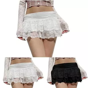 Модная женская свободная повседневная однотонная кружевная мини-юбка с высокой талией L чёрный