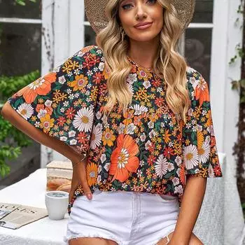 Модная женская свободная пуловерная рубашка с круглым вырезом и цветочным принтом, блузка, топ S