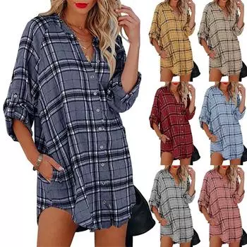 Модная женская свободная рубашка с клетчатым принтом и v-образным вырезом с длинным рукавом и карманом, верхнее платье XL жёлтый