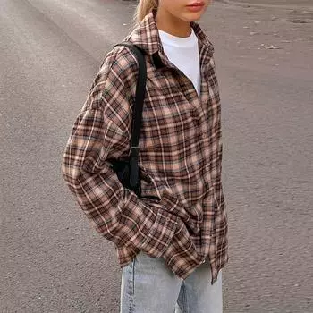 Модная женская свободная рубашка в клетку в стиле ретро S хаки