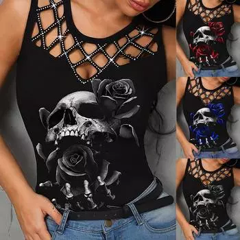 Модная женская свободная сексуальная летняя футболка с принтом без рукавов и полой майкой.