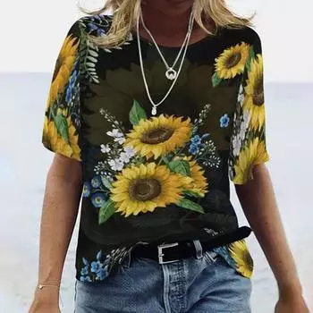 Модная женская темно-синяя футболка с подсолнухом, забавная повседневная футболка с круглым вырезом и короткими рукавами, летняя женская футболка XS чёрный