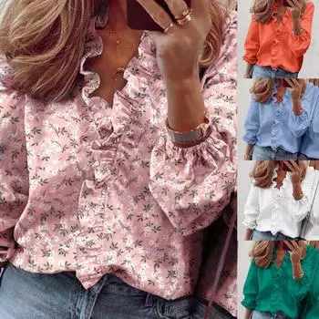 Модная женская темпераментная блузка с длинными рукавами и рюшами, однотонная удобная рубашка L синий