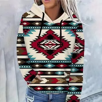 Модная женская толстовка с длинным рукавом с принтом, винтажные толстовки в племенном стиле, повседневные толстовки на осень-зиму, женский пуловер S