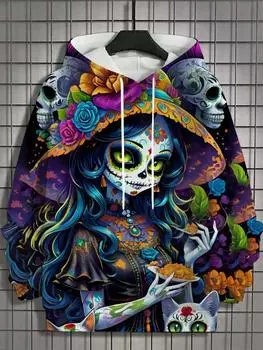 Модная женская толстовка с капюшоном для девочек, осенняя, с длинным рукавом, повседневная, сексуальная, женская одежда с 3D-принтом, узором ужасов и нежити, унисекс-топы S