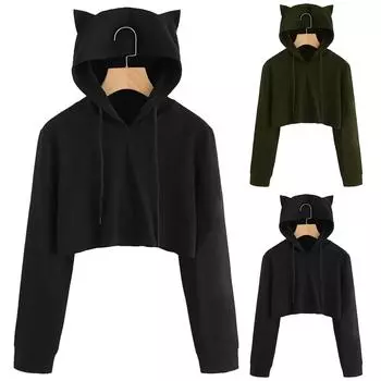 Модная женская толстовка с капюшоном с кошачьими ушками и длинными рукавами, пуловер с капюшоном, блузка L армия зеленый