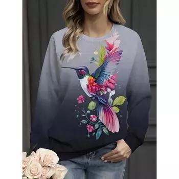 Модная женская толстовка с принтом птиц, толстовка для женщин, повседневная, с длинным рукавом, с круглым вырезом, пуловер, женская одежда y2k S