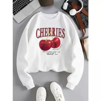 Модная женская толстовка с принтом свежих красных вишен, пуловер с круглым вырезом, флис, мягкая дышащая толстовка с капюшоном, осенняя женская уличная одежда S белый