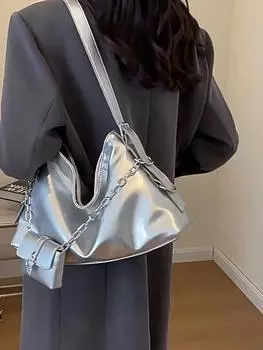 Модная женская трендовая модная большая вместительная серебряная мягкая сумка из искусственной кожи под мышками, сумки-бродяги на плечо 40x8x25cm серебряный