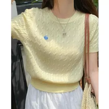 Модная женская трикотажная футболка с коротким рукавом, новая облегающая и тонкая летняя короткая трикотажная кофта в стиле ретро, повседневные простые свободные футболки, рубашки 3093 One Size жёлтый