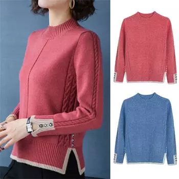 Модная женская трикотажная нижняя рубашка, однотонный длинный рукав, круглый вырез, свитер, пуловер, топ One Size синий