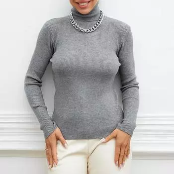 Модная женская трикотажная нижняя рубашка, однотонный свитер с длинным рукавом и водолазкой, пуловер, топ One Size