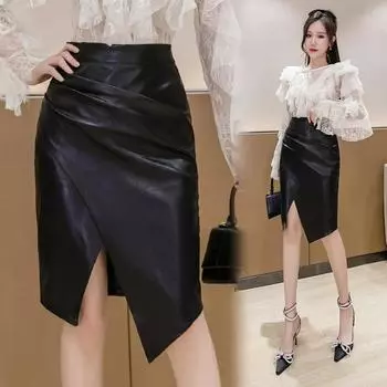 Модная женская юбка из искусственной кожи для офиса, нерегулярная, с высокой талией, узкая, миди, длина, женские юбки, большие размеры XXL чёрный