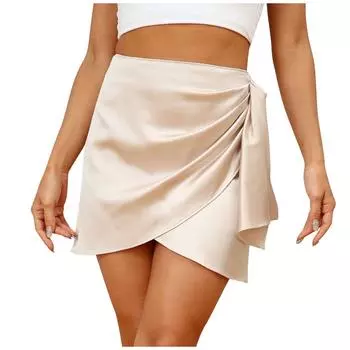 Модная женская юбка с асимметричной молнией, плиссированная однотонная атласная юбка с высокой талией L бежевый