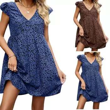 Модная женская юбка с длинным рукавом и v-образным вырезом на пуговицах с леопардовым принтом L синий