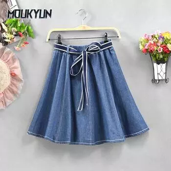 Модная женская юбка винтажная ретро юбка миди с высокой талией плиссированная джинсовая однобортная юбка One Size синий