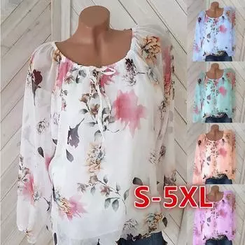 Модная женская универсальная сексуальная свободная шифоновая рубашка с одним вырезом и принтом, длинный рукав 5XL белый