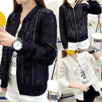 Модная женская верхняя кружевная бейсбольная рубашка на молнии с длинным рукавом Свободное пальто XXL белый