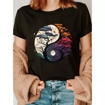 Модная женская весенне-летняя футболка с круглым вырезом и принтом «Дерево жизни Инь-Ян» XS