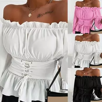 Модная женская весенняя рубашка больших размеров с рюшами, кружевным воротником, вырезом, поясным ремнем, шифоновая рубашка с открытыми плечами и длинным рукавом с пышными рукавами, милые топы L розы красного