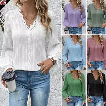 Модная женская весна-лето с рукавами-фонариками, кружевной однотонный пуловер, шифоновая рубашка, блузка, топ S синий