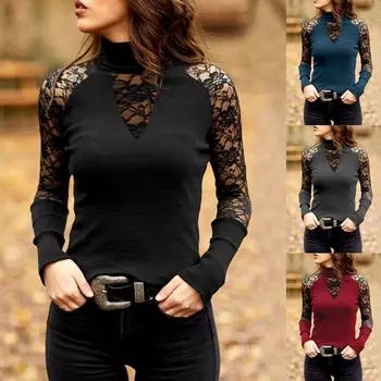 Модная женская водолазка с длинным рукавом из хлопка, повседневные топы, кружевная блузка XXL чёрный